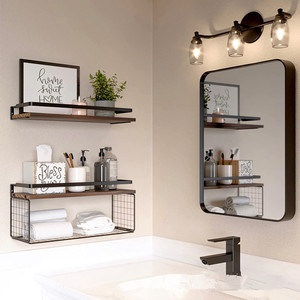Floating <b>Wall</b> <b>Mounted</b> <b>Shelf</b> Wooden 40cm 2 Tier With Wire Basket For Kitchen Bathroom Living Room Storage - Product Image 4