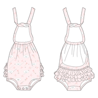 Jumpsuit anak perempuan desain ruffle tanpa lengan, bahan bambu, kualitas tinggi, custom print, model leher terbuka, cocok untuk musim panas.