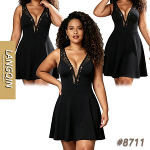 LANQIN Plus <b>Size</b> Summer Sexy Little <b>Black</b> Knee-Length High/Low Silhouette V-Neck Lace Casual Clubwear <b>Dress</b> with Built-in Bra - Product Image 1