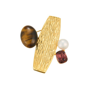 Broche Texturizado de Lujo Personalizado de Fábrica al por Mayor, Chapado en Oro y Plata, con Aleación de Latón, Ojo de Tigre y Perla de Agua Dulce - Product Image 1