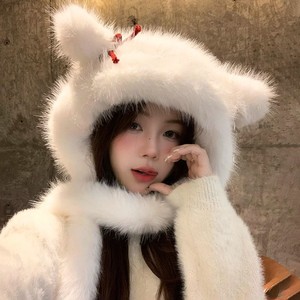 Conjunto de gorro y bufanda de peluche con orejas de zorro, color blanco, beige, caqui, cálido para invierno, para mujer adulta, estilo fresco y dulce, de una pieza. - Product Image 3