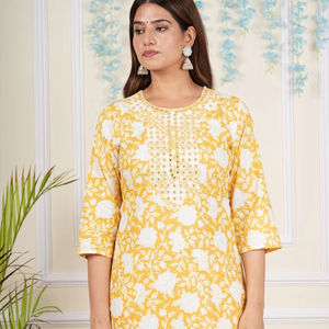 Conjuntos informales de algodón Cambric para mujer, estampado Floral de Color personalizado, patrón de bordado, manga 3/4, pantalón de tobillo Dupatta Regular - Product Image 1