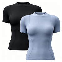 Loovoo Ensemble 2 pièces de t-shirts de sport pour femme, à compression athlétique, séchage rapide, extensible dans les quatre sens, respirant, col rond, pour yoga et gym