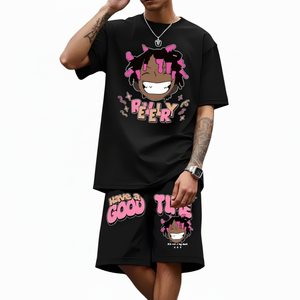 High Street Plus Size Men's Summer Transpirable 2-Pcs Set Camiseta de manga corta y pantalones cortos con bolsillo con cordón de Pakistán - Product Image 1