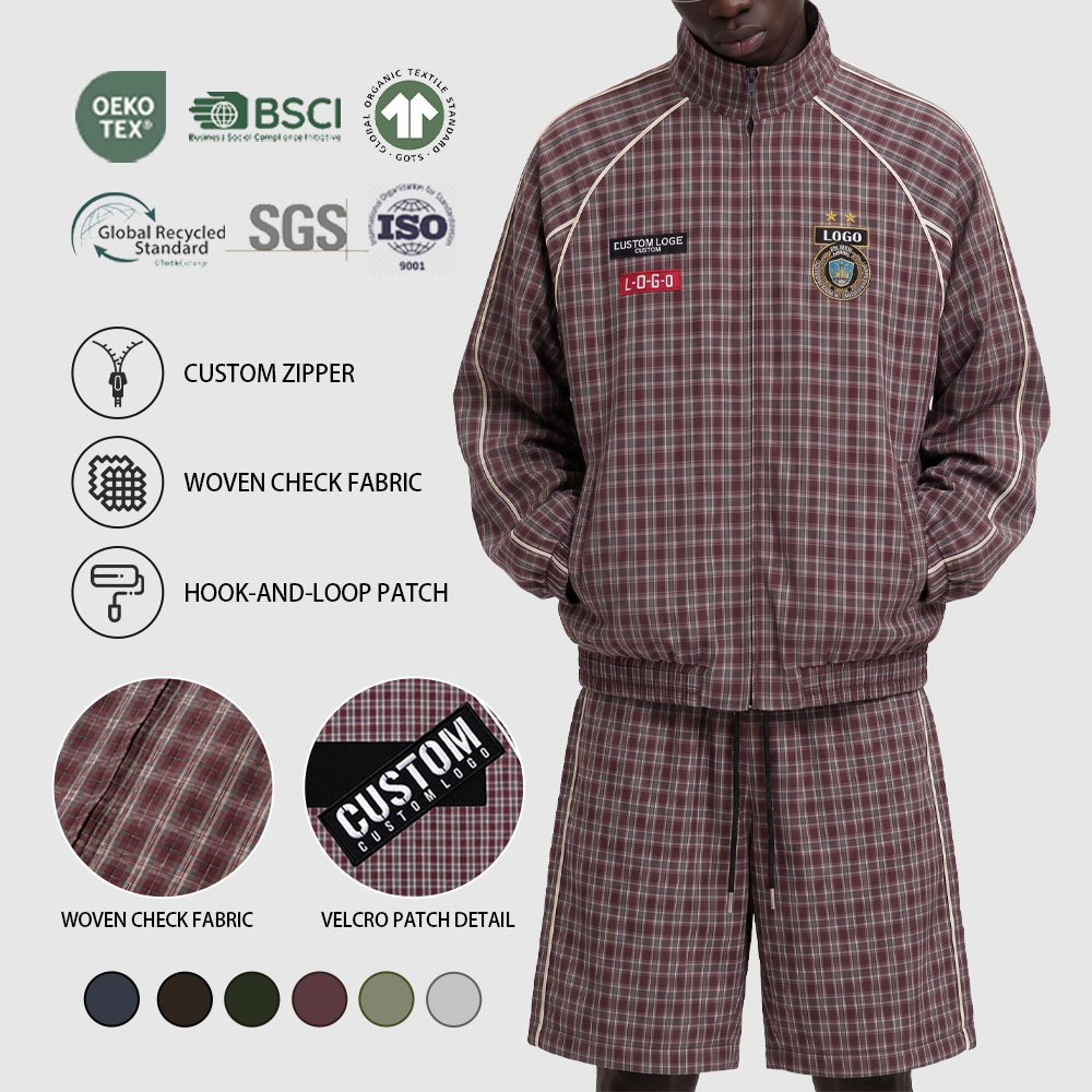 Custom Woven Check Fabric Velcro Patch Detail Men Streetwear Blokecore Aesthetic Professional Zip up Tracksuit Manufacturer
