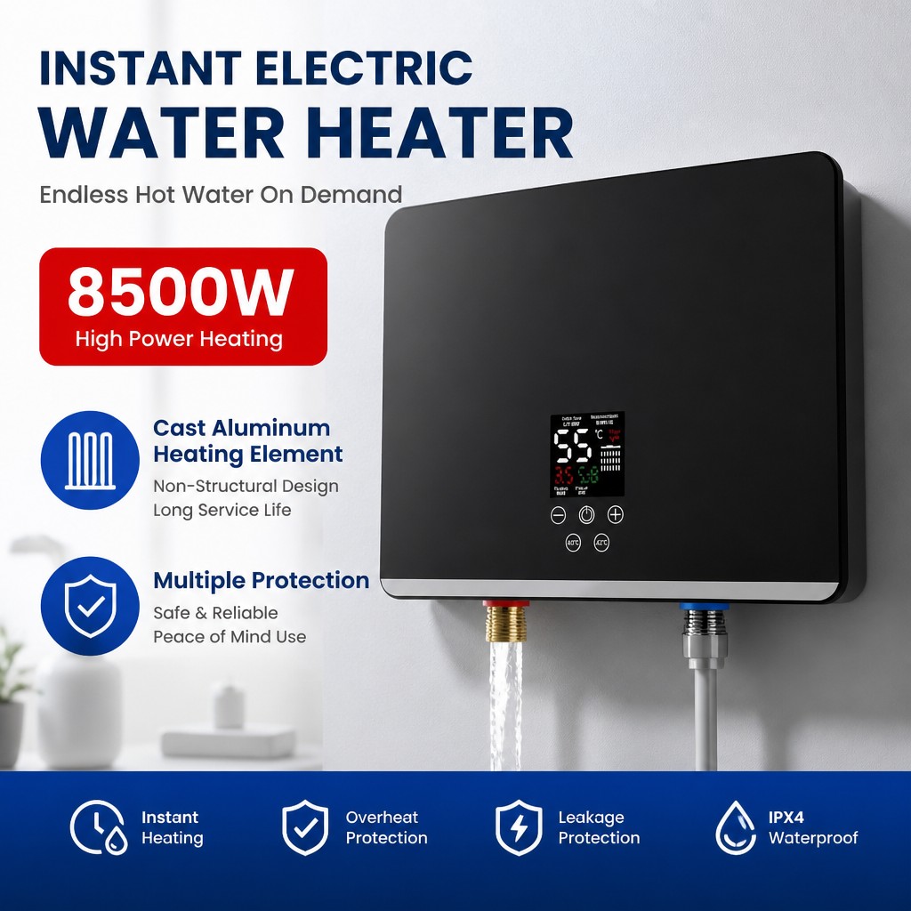 8500W Tankless Electric Water Heater Smart Inverter Touch Control Constant Temperature Cast Aluminum Plastic English