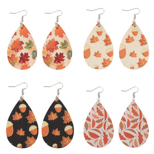 Unionen 873 Boucles d'oreilles à la mode en faux cuir pour femmes Vintage Maple Leaf Deciduous Acorn Drop Shaped Double-Sided Pendant - Product Image 4