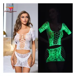 luminous lingerie sheer nylon bodystocking sexy lace mesh crotch and front of big hole lingerie top and mini skirt set