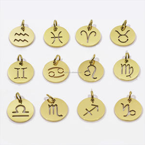 Pendentif <span class=keywords><strong>Horoscope</strong></span> Creux en Acier Inoxydable Plaqué Or 18K avec 12 Signes du Zodiaque, Breloques Personnalisées pour Fabrication de Bijoux DIY, avec Logo <span class=keywords><strong>Personnalisé</strong></span> - Product Image 1