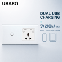 UBARO Temperli Cam Dokunmatik 2'li Duvar Anahtarı Evrensel Çoklu Priz Soketi Çift USB Şarj Portu 5V 2100mA Duvar Prizi