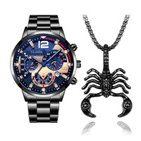 Set Jam Tangan dan Kalung Grosir untuk Pria, Tali Baja Anti Karat, Jam Bisnis Mewah, Jam Tangan Quartz Pria