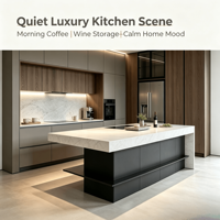 Cuisine modulaire belge moderne sur mesure, bicolore, en bois massif mat, sans poignées, avec îlot en quartz cascade, réfrigérateur et four encastrés