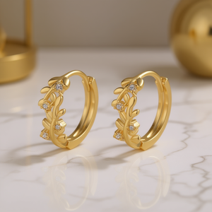 Orecchini a Cerchio E3587 in Oro per Donna, Design Classico a Forma di Pianta con Cristalli, Gioielli Raffinati per Uso Quotidiano - Product Image 2