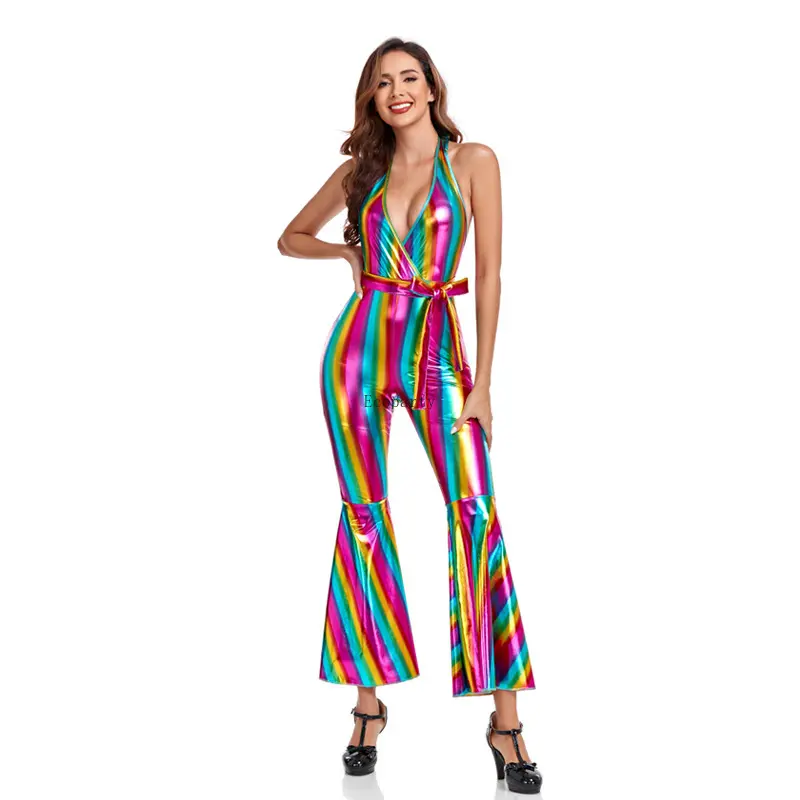 Disfraz de discoteca Funky 70s Dancing Queen para mujer para adultos Body colorido con cinturón Performance Wear