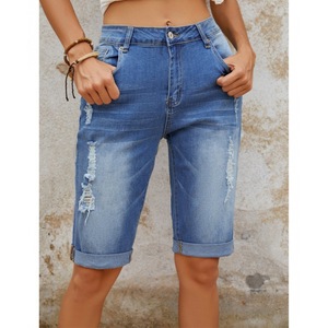 Shorts de mezclilla para mujer, de cintura media, corte recto, casuales, con dobladillo, versátiles, estilo retro, hasta la rodilla - Product Image 5