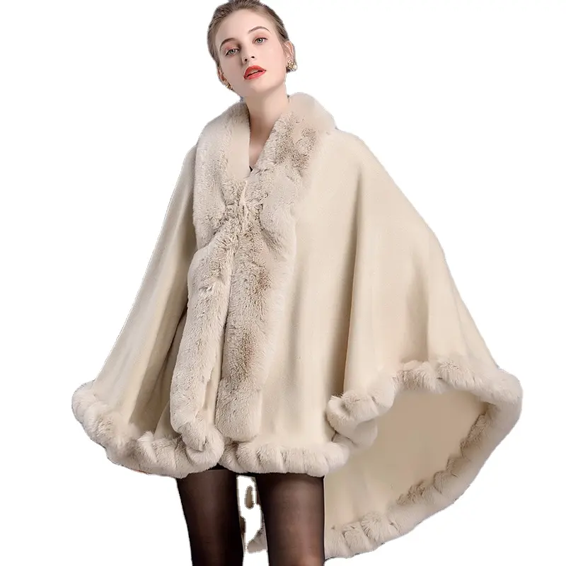 Suéter de imitación de visón para mujer, con cuello de piel de conejo y puños, capa de lana de Cachemira, moda elegante, nuevo