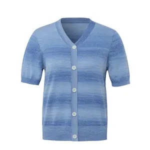 Dongguan Computer Knitted Women Color Blocking Casual Knitted Viscose / Polyester Sky Blue Gradient Knitwear T-Shirt