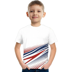 Camiseta Blanca de Manga Corta para Niños con Estampado de Rayas Rojas y Azules, Cuello Redondo, Poliéster Transpirable, para Todas las Temporadas - Product Image 1
