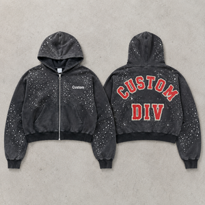 Wholesale Oversize Hoodie Cotton 500Gsm French Terry Vintage Wash Zip Up Rhinestone Patchwork Streetwear High Quality Men Hoodie - Product Image 1