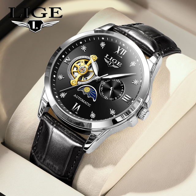 LIGE LG6820 Custom logo Automatic Mechanical Watch 3D Tourbillon Diamond Moon Phase Dial Flywheel Men Wristwatch Luminous Watch