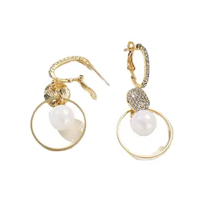 波西米亚时尚金戒指和超大号白色珍珠耳环韩国女性圆形锆石饰品