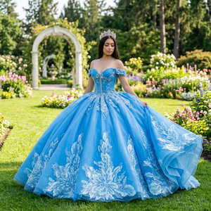Vestido de Gala Azul para Quinceañera Dy6762 con Apliques, Talla Grande, Escote Corazón, de Gasa para Mujer - Product Image 1