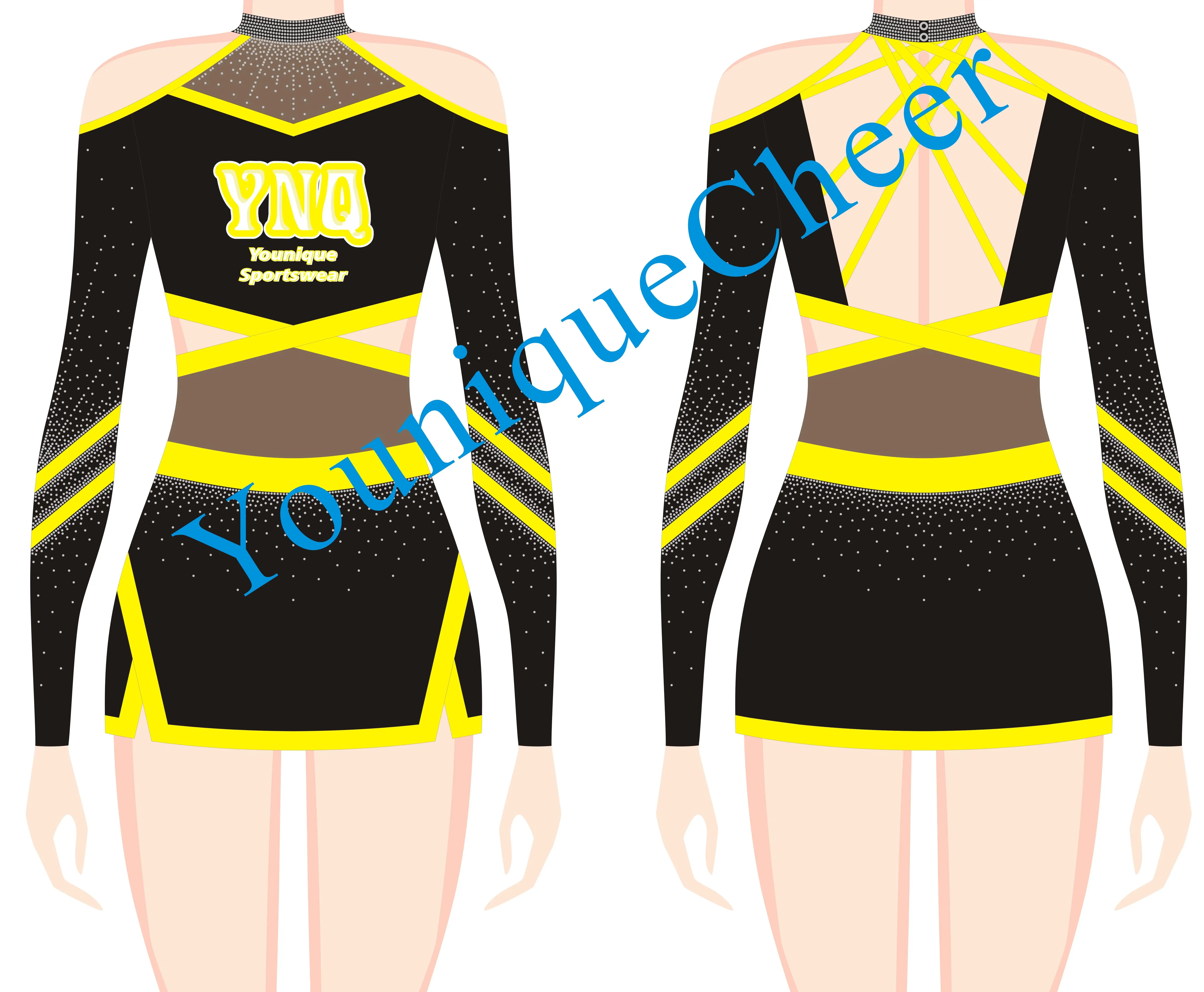 Best Quality Crop Top and Dress Fashion Design Performance Wear Competitive Shiny Cheerleader Uniforms Blue Mini Shirt
