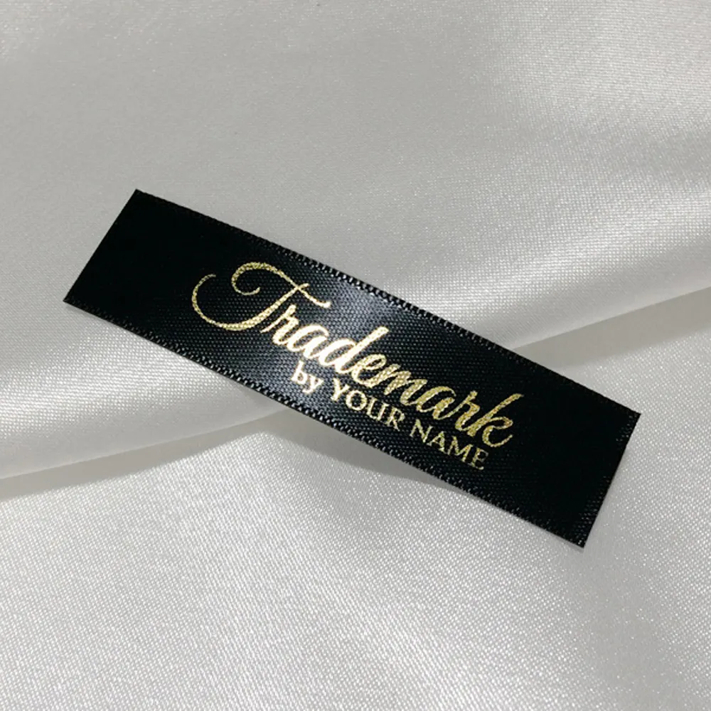 wholesale Side Fold Customise Garment T-Shirt Sleepwear Clothes Private Satin Print Woven Neck Label black logo clothing tag