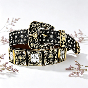 <b>Western</b> Cowboy Cross Pattern Rhinestone Leather <b>Belt</b> Wide Gold Engraved Alloy Buckle Bling Crystal Studded <b>Belt</b> For <b>Men</b> Women - Product Image 2