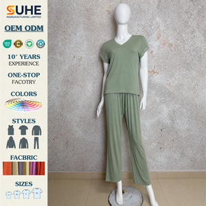 Conjunto de Pijama de Jersey para Mujer SUHE, Cuello en V, Manga Corta, Ribete de Encaje, Cierre con Cordón, Largo Completo, Color Sólido Suave, Primavera/Verano - Product Image 2