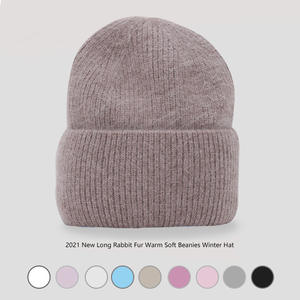 Bonnet d'hiver pour <span class=keywords><strong>femme</strong></span> en <span class=keywords><strong>fourrure</strong></span> de lapin douce, tricoté, chaud, style bonnet à revers, couleur unie, pour temps froid, décontracté et quotidien - Product Image 1