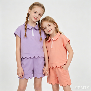 Wholesale Toddler Girls <b>Peach</b> Scallop Polo Short Set, Half-Zip Collared <b>Top</b> with Pocket Shorts, Kids Summer Casual Outfit - Product Image 6