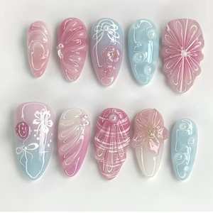 เล็บปลอมสไตล์เกาะทะเลแบบอัลมอนด์ งานแฮนด์เมด เล็บปลอมสั่งทำพิเศษพร้อมดอกไม้ 3 มิติ เล็บปลอมแบบกดติดสำหรับฤดูใบไม้ผลิ ขายส่ง - Product Image 4