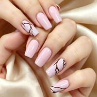 Vente en gros de faux ongles personnalisés à la marque privée, forme carrée rose pastel, lignes abstraites, réutilisables, en acrylique, pour salon