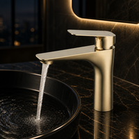 Robinet de lavabo contemporain en laiton doré brossé avec cartouche céramique, à poser sur le comptoir, monotrou