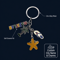 Porte-clés décapsuleur souvenir de voyage personnalisé Mazatlan, plaqué argent, multi-breloques rectangulaires émaillées (palme, étoile de mer, tongs)