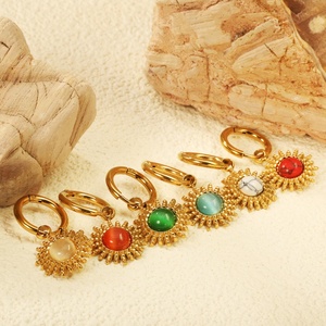 เครื่องประดับสแตนเลสสตีลเคลือบทอง 18K PVD ไม่ลอก ไม่ดำ กันน้ำ รูปดอกทานตะวัน ประดับโอปอลหลากสีและเทอร์ควอยซ์ ต่างหูแบบห่วงสำหรับผู้หญิง - Product Image 3