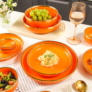 Modern Luxury Porcelain <b>Tableware</b> Set Orange Gold Rim Bowl Plate Soup Rice Creative Design Disposable 2-Piece Utensils Kit - Product Image 3
