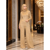 Ensemble 2 pièces de luxe en maille côtelée lurex doré : Haut à col roulé + Pantalon palazzo large – Tenue modeste musulmane – Vente en gros Golfe – Usine OEM