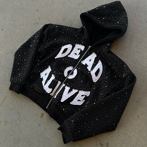 Manufacturer Luxury <b>Fleece</b> 3D Oversized <b>Black</b> Custom Logo Distressed Embroidered Patch Full Rhinestone Breathable Zip Streetwear - Product Image 4