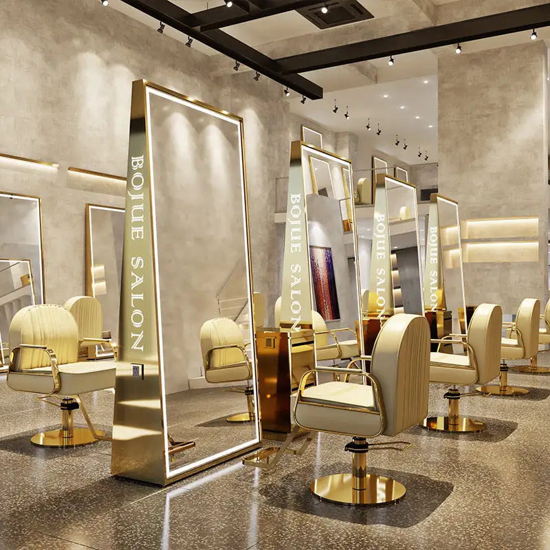 MORE DESIGN Double Side Large Full Length Gold Styling Barber Shop Furniture Hairdressing Makeup Led Floor Beauty Salon Mirror