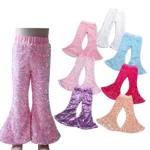 New Arrival Children Custom Pattern Sequin Fabric Shiny Bell Bottom Girls Fashion Pants Sweet Trousers