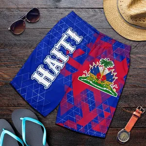 Pakaian Bendera Haitian Poliester Berkualitas Baju Pantai Haiti Grosir Logo Kustom Poliester Pantai Celana Pendek Pria Berenang