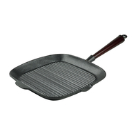 Poêle à griller carrée classique en fonte noire de 28 cm avec longue poignée en bois, revêtement antiadhésif à l'huile végétale, poêle à frire ronde, ustensile de cuisine
