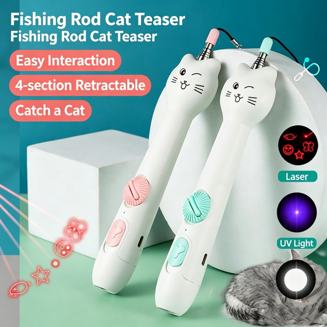 Multifunctional Retractable Cat Teaser Wand with 3-in-1 Laser Pointer Elastic Hanging Rope with Bell & Feather Toy