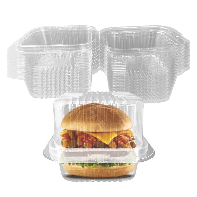 Plastic Hinged Clamshell Burger Container Plastic Disposable Clear PET Burger Packing Box Wholesale Plastic Square Food Box