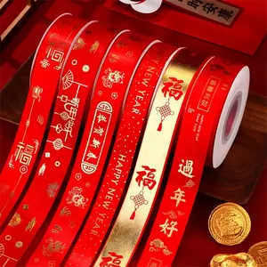 Chúc Mừng Năm Mới Red Ribbon Vàng In Trung Quốc Năm Mới Polyester Lễ Hội Mùa Xuân Satin Ribbon Cho Kỷ niệm Trang Trí