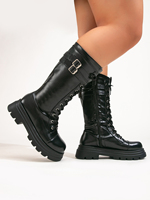 Bottes mi-mollet à talons épais, style gothique, avec boucle large, lacets et fermeture éclair latérale, grandes tailles, directement de l'usine