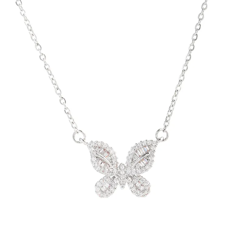 Alta qualidade moda charme senhoras jóias inlay CZ aço inoxidável prata borboleta colar