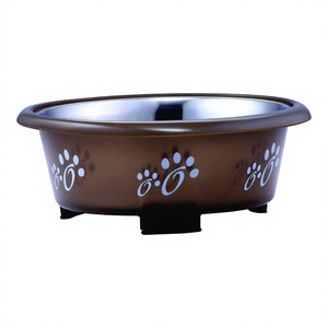 Cuencos de acero inoxidable ovalados con diseño impreso para mascotas, comederos antideslizantes, color marrón - Product Image 1
